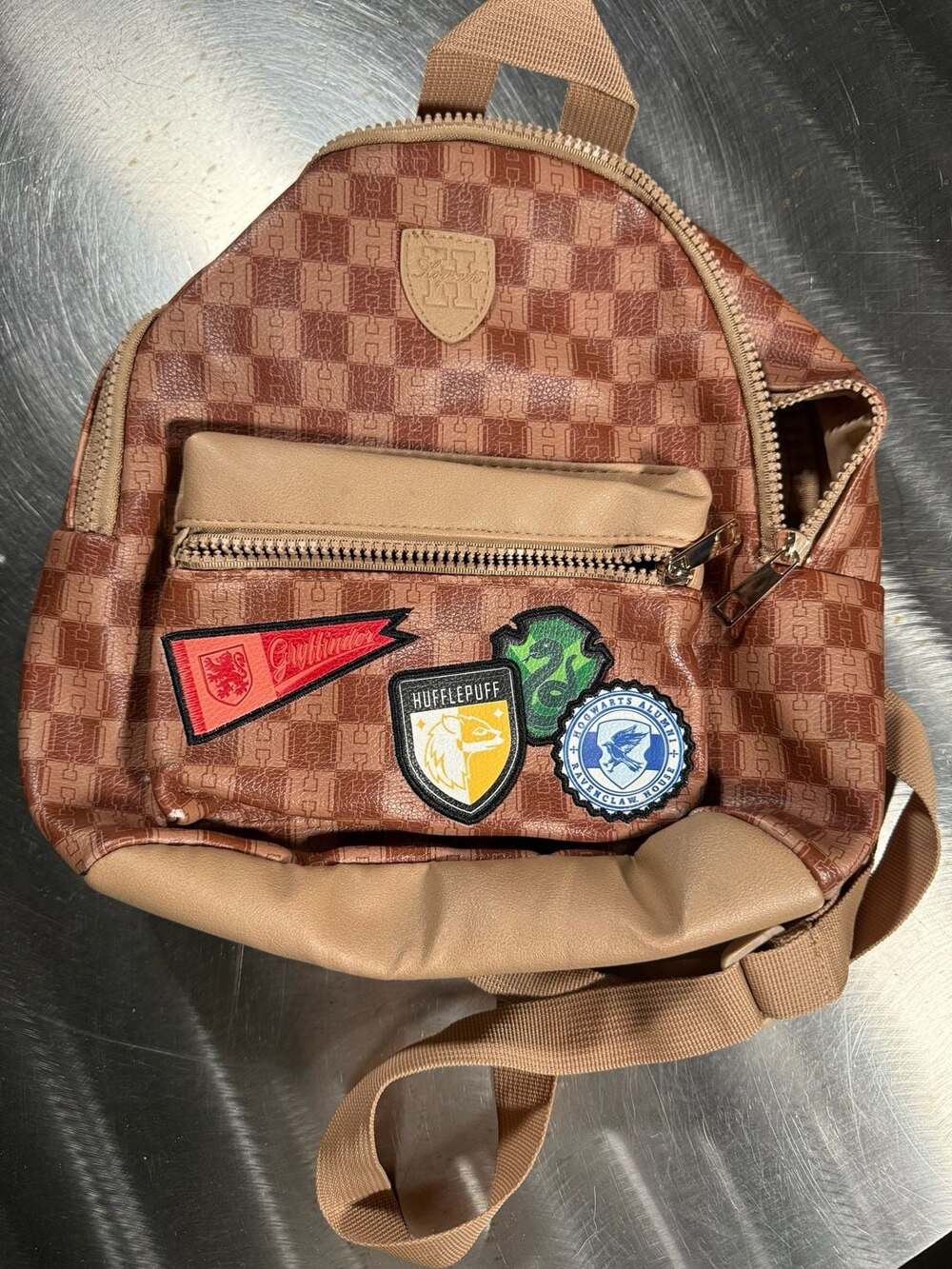 Harry Potter Hogwarts House Mini Backpack Brown Checkered with Patches